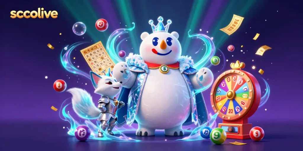 Experience the magical socolive atmosphere with an ice king polar bear and snow fox amidst vibrant lottery elements.