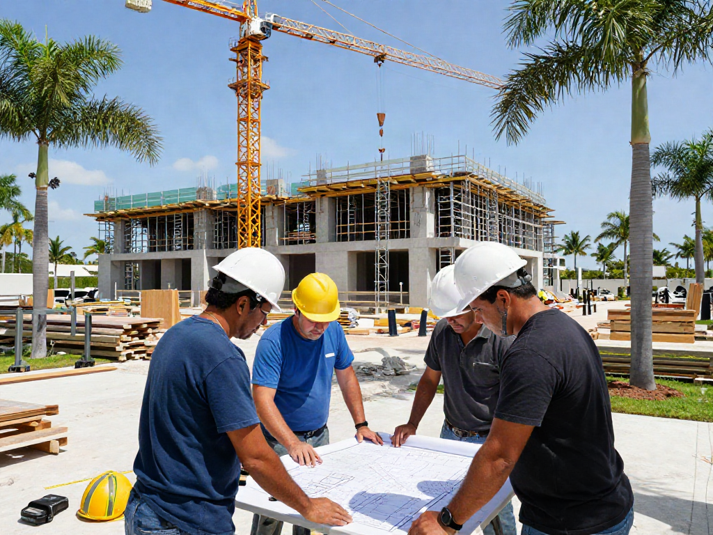 Workers at Cmr Construction Group's South Florida site during a luxury home build