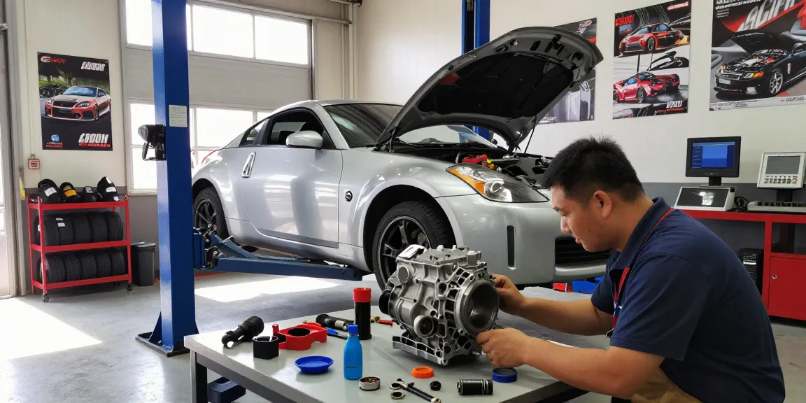 Mechanic inspecting a CD009 transmission in a Nissan 350Z workshop.