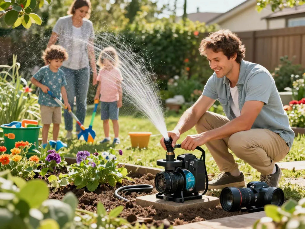 Instalación de bombas de agua Venezuela en un jardín familiar con niños jugando entre flores.