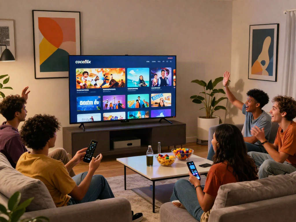 Cocoflix entertainment scene with friends enjoying movies in a cozy living room.