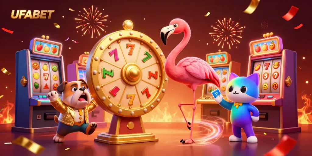 UFABET's vibrant 3D cartoon scene with slot machines, showcasing excitement and winnings in a casino atmosphere.