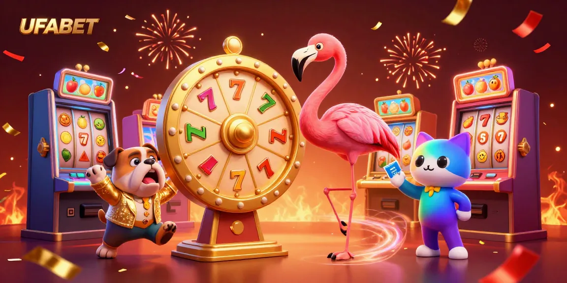 UFABET's vibrant 3D cartoon scene with slot machines, showcasing excitement and winnings in a casino atmosphere.