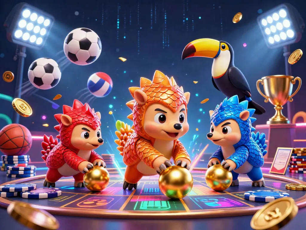 Xoilac TV brings exciting gambling action with dynamic pangolins and sports elements in a colorful scene.