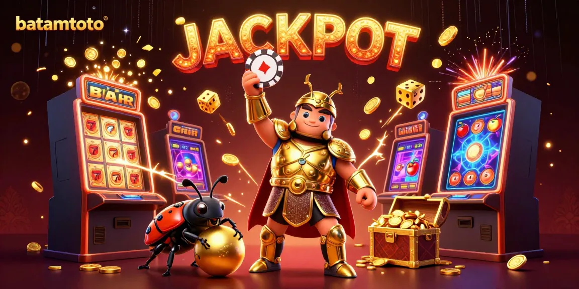 Experience the thrill of batamtoto with animated beetles celebrating a jackpot win amidst colorful casino elements.