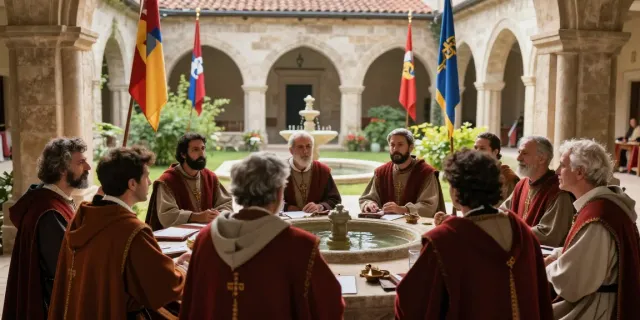 Rencontre de membres de l'ordre de Saint-Lazare dans un cadre médiéval, partageant des valeurs de fraternité.