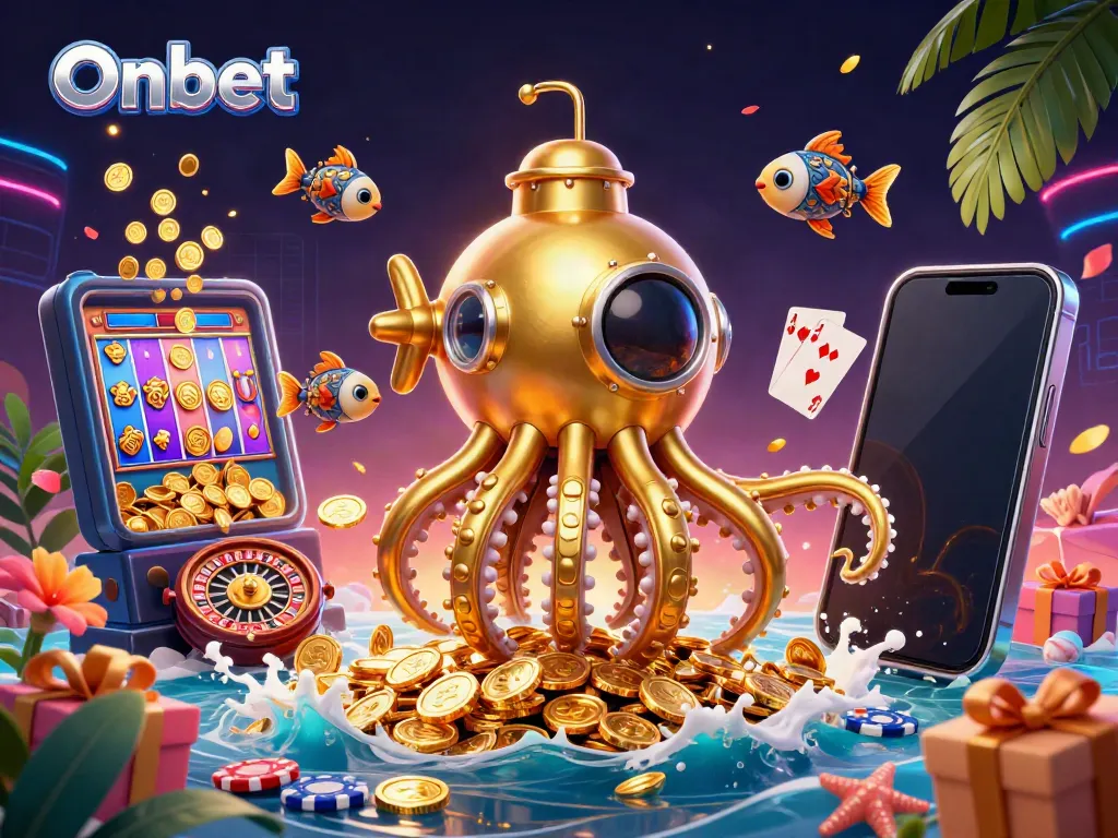 Engage with the vibrant Onbet gaming experience showcasing golden kraken submarine and dynamic casino elements.