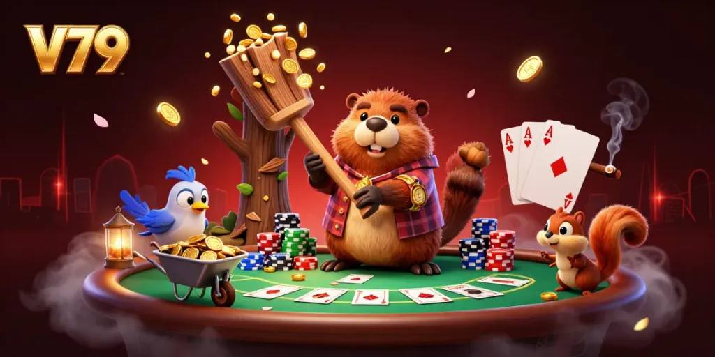 V79 offers a vibrant illustration of a jovial lumberjack beaver celebrating with coins around a poker table, showcasing the thrill of gambling.