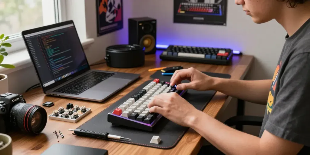Wooting 60HE v2 upgrades assembly with colorful keycaps and tools in a bright workspace.