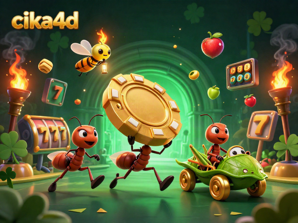 Experience the thrill of cika4d with ants heisting a giant poker chip in a lively casino scene.