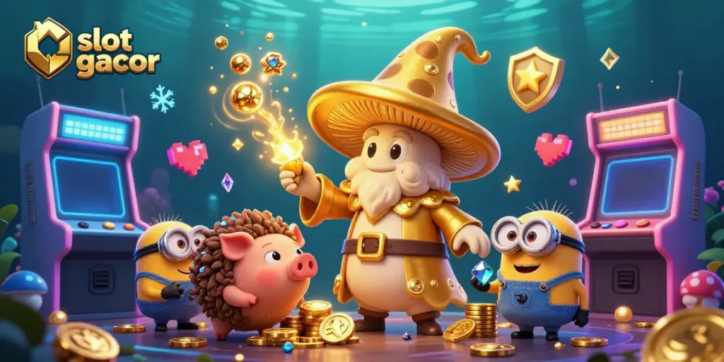 Experience the excitement of slot gacor with a magical scene featuring a wizard and treasure hunt, vibrant game elements, and rich textures.