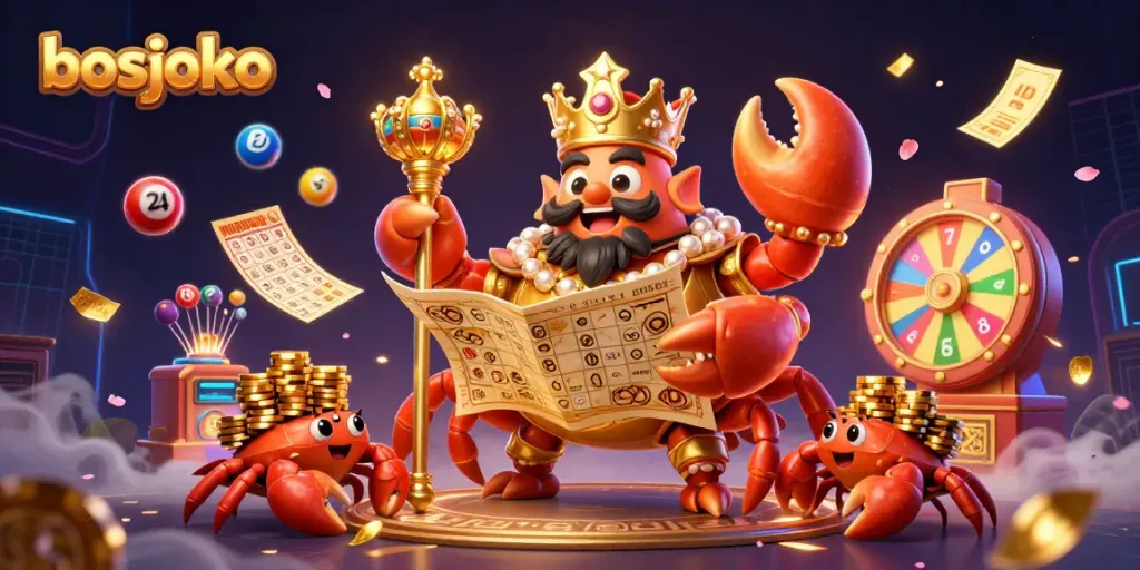 BOSJOKO's golden crab emperor winning the lottery amongst colorful bouncing balls and vibrant prizes, promoting an exciting gaming experience.