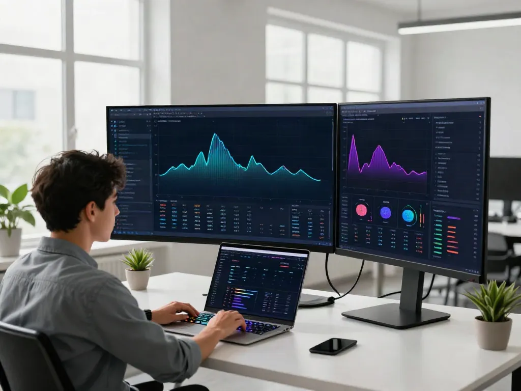Integrating a free stock market API for real-time trading insights in a modern office workspace with multiple screens.