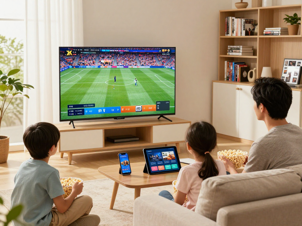 Gezellige woonkamer met een gezin dat geniet van hun iptv abonnement in 4K kwaliteit op de televisie.