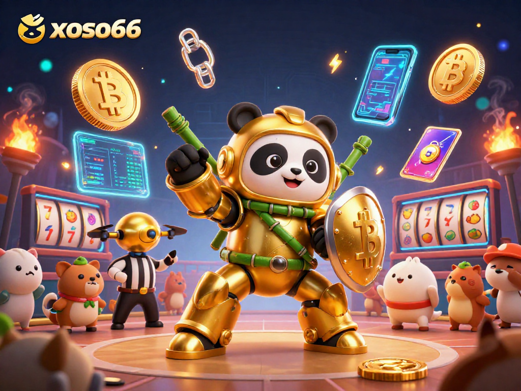 Experience thrilling gameplay with xoso66, featuring fun casino elements like slot reels and vibrant characters.