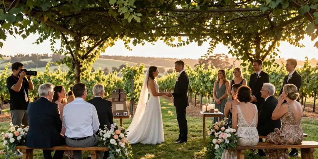 Candid moment captured by a Hunter Valley photographer weddings, couple exchanging vows surrounded by nature.