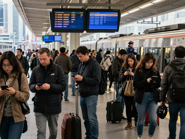 Passengers at an urban train station checking for train delays during rush hour.