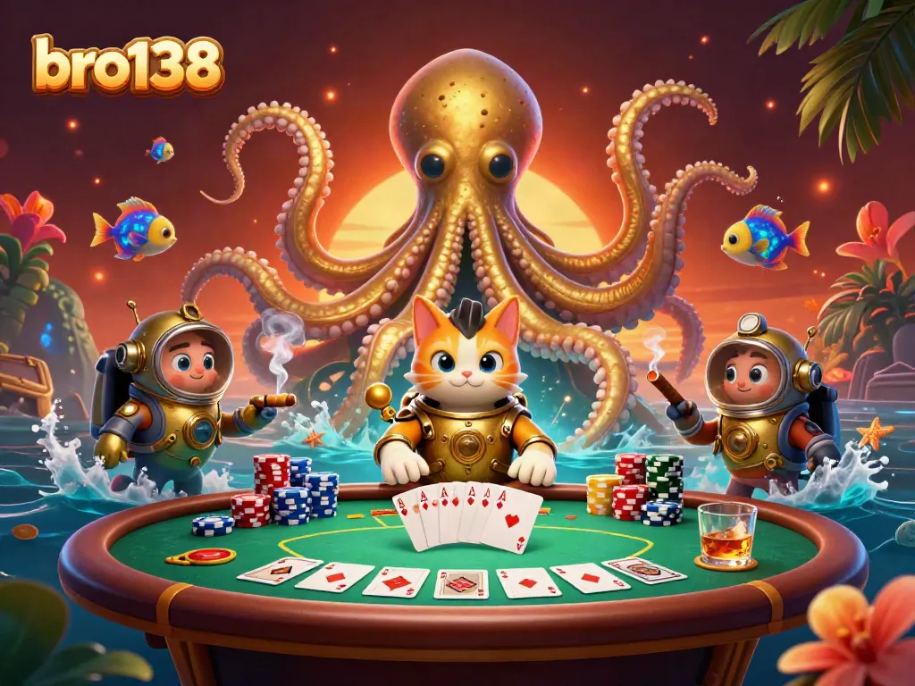 Experience the thrilling gameplay of bro138 with a vibrant 3D illustration of a kraken and diving cat amidst poker dynamics.