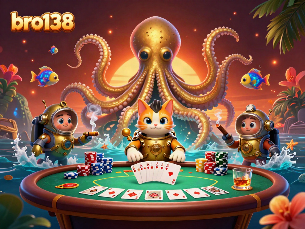 Experience the thrilling gameplay of bro138 with a vibrant 3D illustration of a kraken and diving cat amidst poker dynamics.