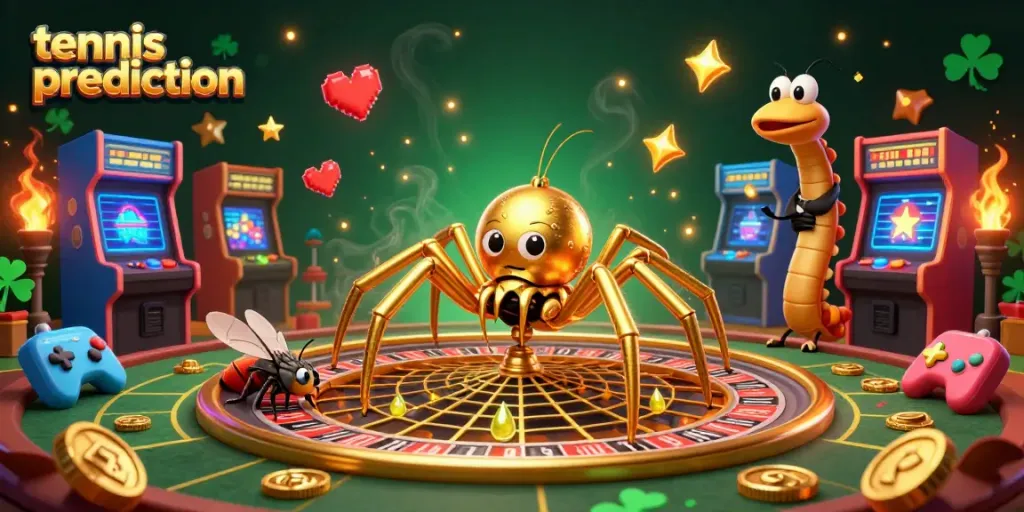 Tennis prediction art shows a golden spider in a roulette web with a croupier centipede, blending sports betting excitement.