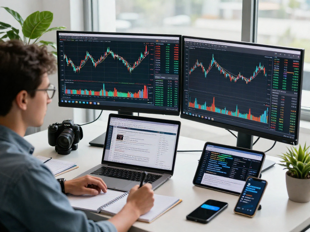 使用TradingView进行行情分析的交易员在现代办公环境中专注于多台显示器，展示实时数据与技术指标。
