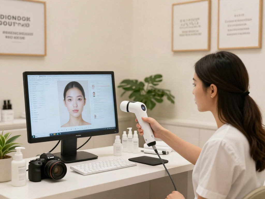 ClinicEvo better than QOVES showcasing digital facial analysis in a bright clinic, emphasizing self-discovery in beauty.