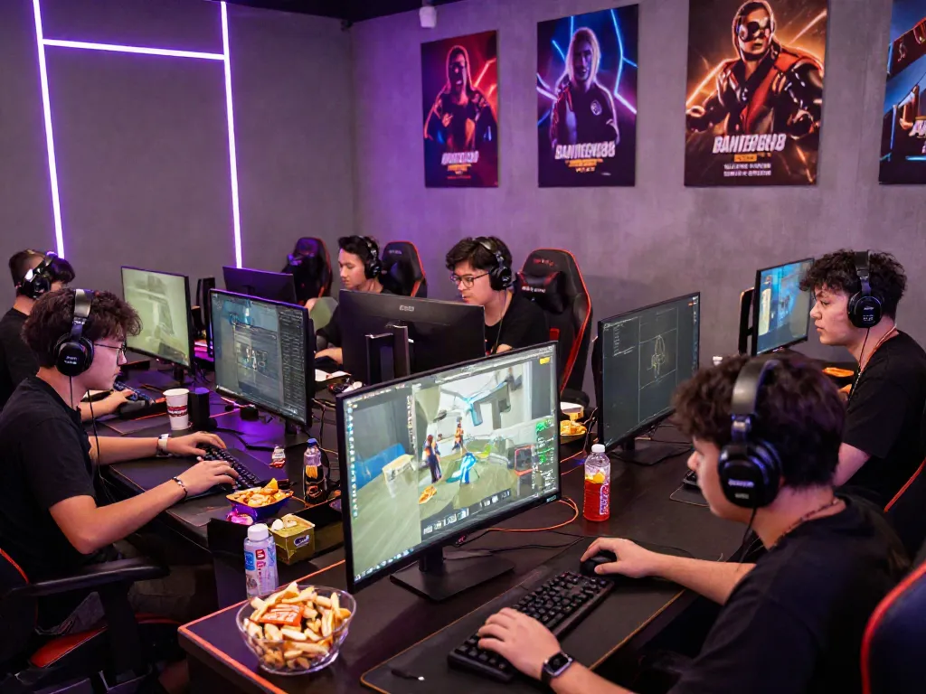 Para pemain banteng88 berkompetisi dalam turnamen game online di ruang yang ramai.