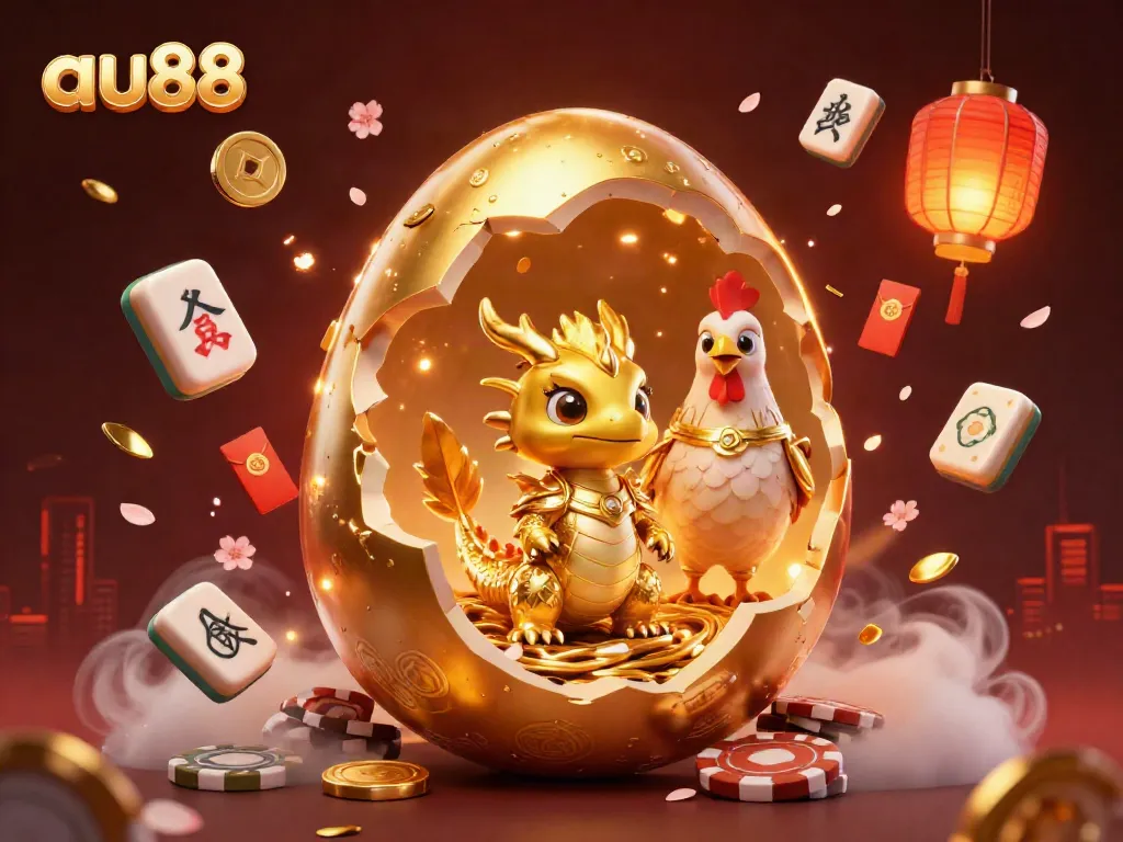 Experience winning excitement at au88 with golden dragon and poker chips amidst festive elements.