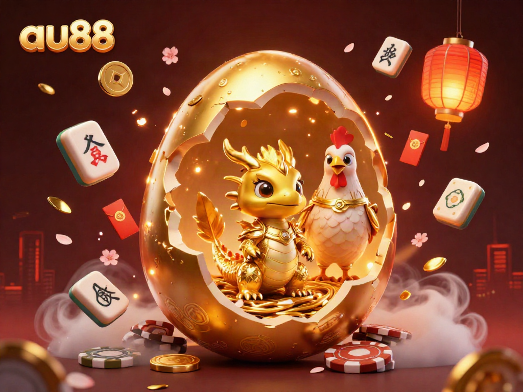 Experience winning excitement at au88 with golden dragon and poker chips amidst festive elements.