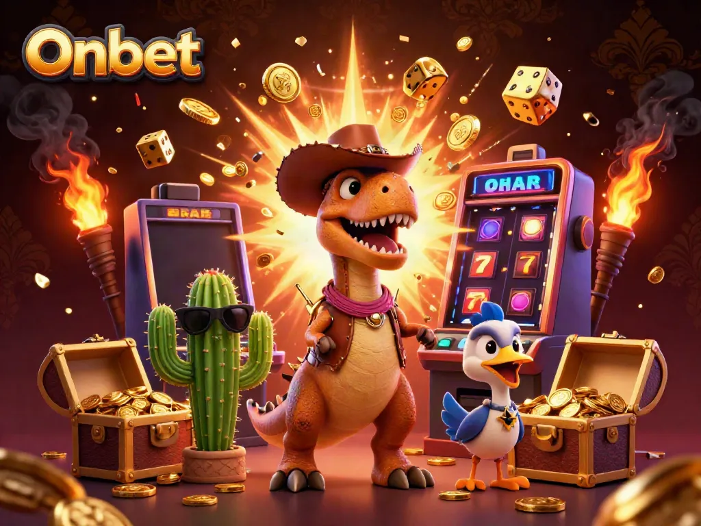 Experience the thrill of Onbet with a cartoon dinosaur and friends amidst jackpot explosions.