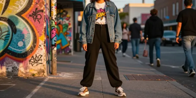 Fashionisk .com styled urban fashion scene showcasing contemporary streetwear during sunset.