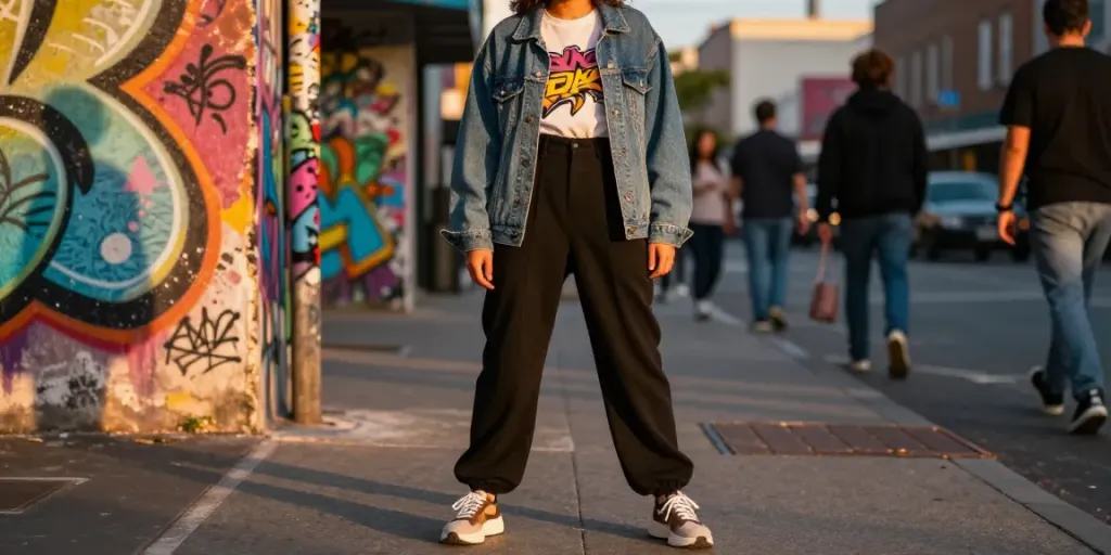 Fashionisk .com styled urban fashion scene showcasing contemporary streetwear during sunset.
