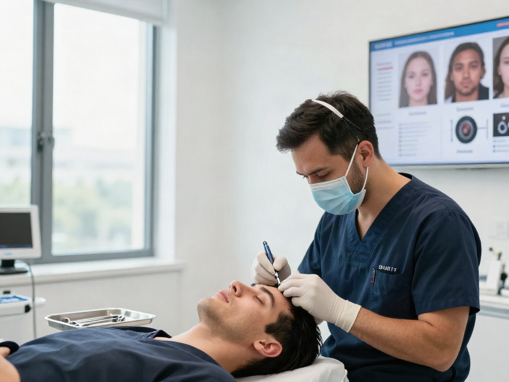 Hair transplant procedure at a clinic, showcasing the SMART™ FUE technique.