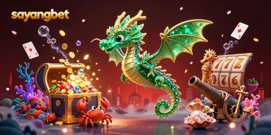 Experience the thrill of sayangbet with an emerald sea dragon and treasures in a dynamic casino-themed scene.