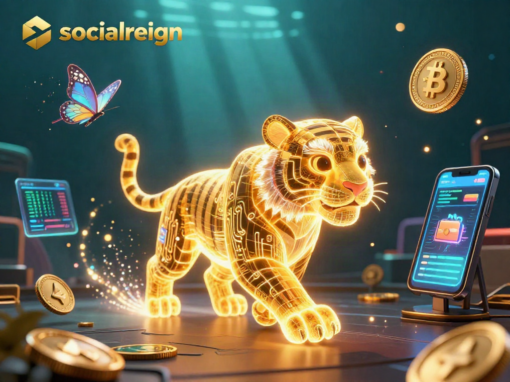 Engage with socialreign's vibrant digital casino world featuring a glowing tiger and bitcoin elements.