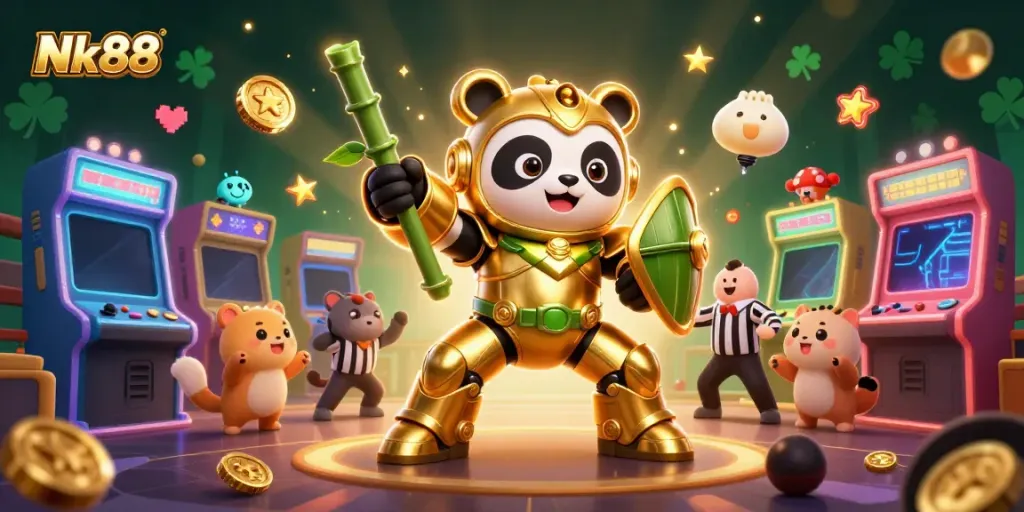 Engage with Nk88's vibrant 3D illustration showcasing adventurous gaming elements and a lively casino atmosphere.