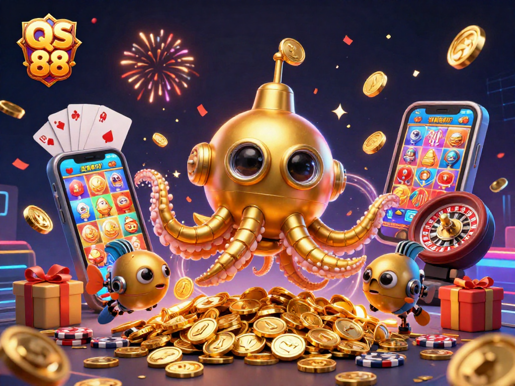 Engage in thrilling gaming with the QS 88 golden kraken submarine amid a treasure of coins.
