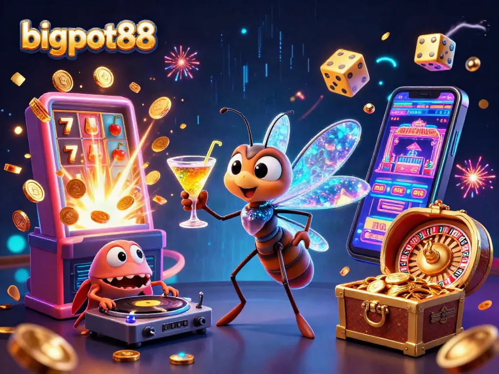 Menang di bigpot88 dengan simbol jackpot dan koin berkilauan di dunia kasino.