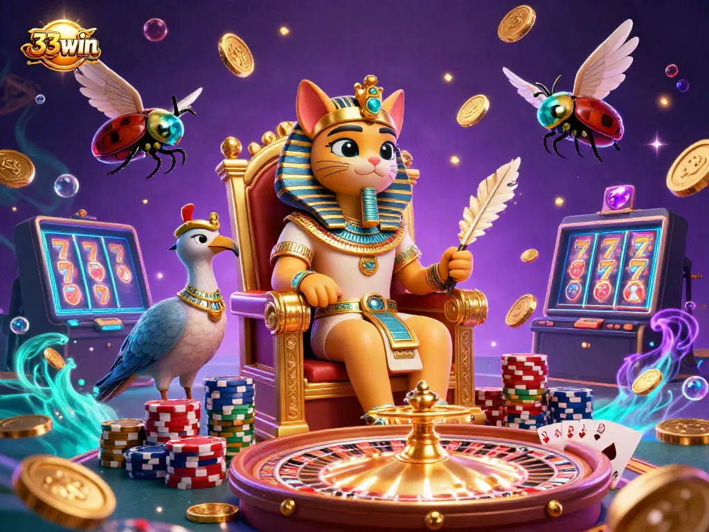 Engage with the electrifying 33win casino atmosphere featuring a pharaoh cat and cascading coins.