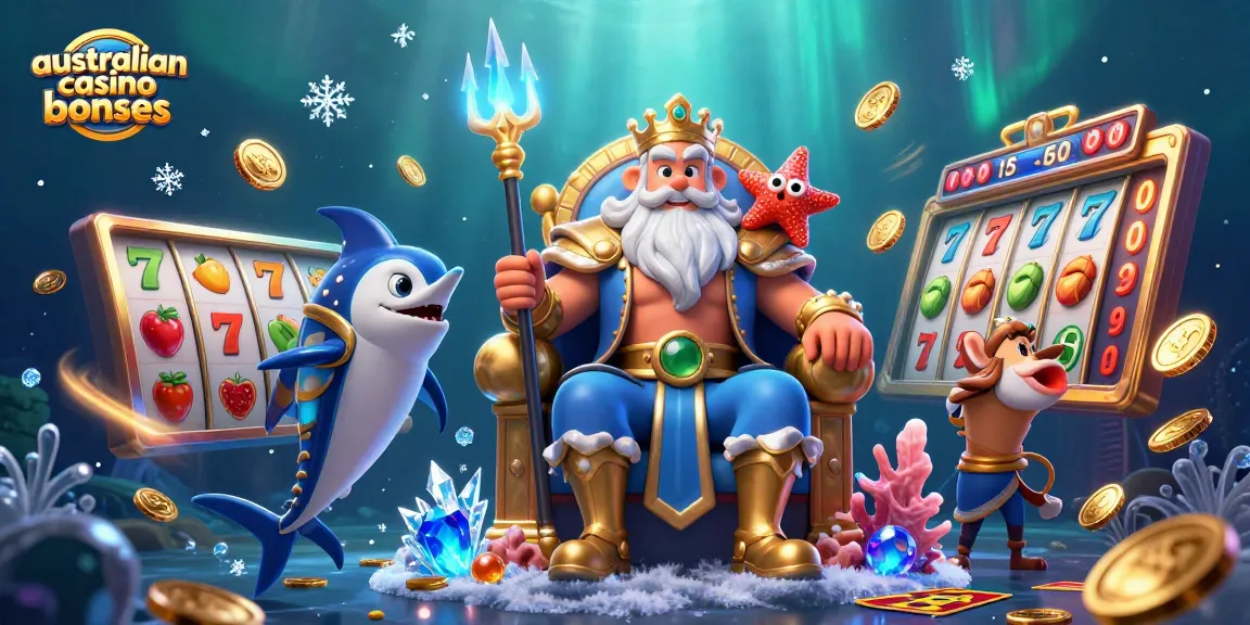 Engage with australian casino bonuses featuring Neptune's throne, slot machine reels, and sparkling coins.