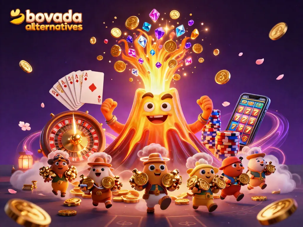 Win big with bovada alternatives featuring golden volcano, coins, and vibrant casino elements.
