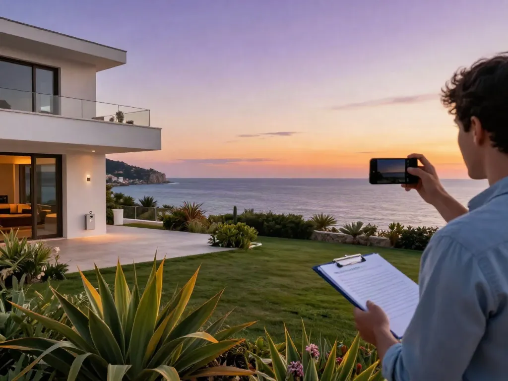 Secure property management scene showcasing woningbeheer Spanje with an individual inspecting a scenic villa.
