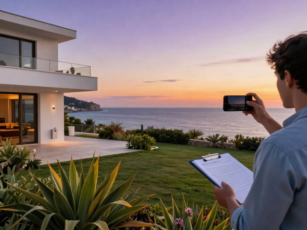Secure property management scene showcasing woningbeheer Spanje with an individual inspecting a scenic villa.