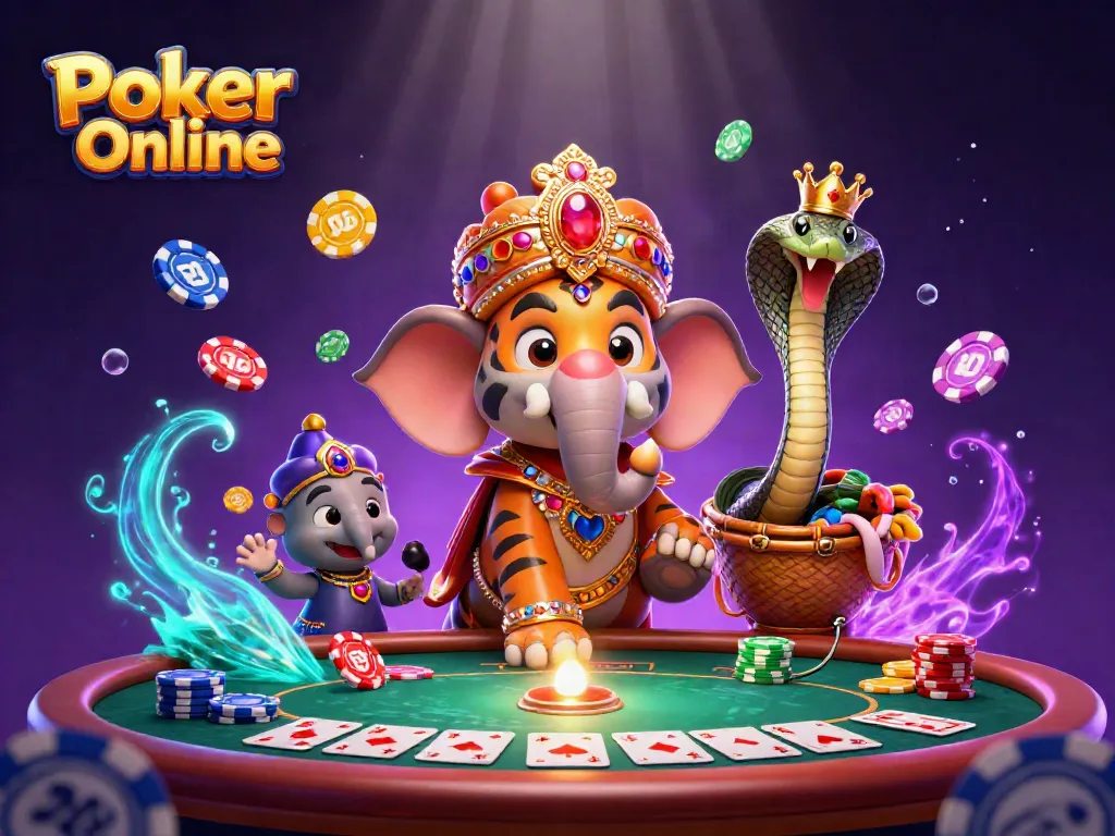 Experience Poker Online excitement with a dynamic scene featuring colorful chips and intense gameplay.