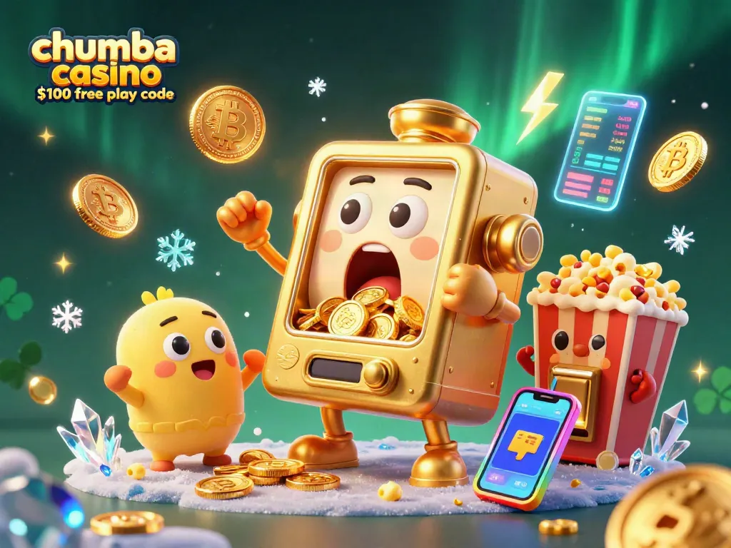 Experience the thrill with Chumba Casino $100 free play code amid jubilant slot machines and glowing crypto coins.
