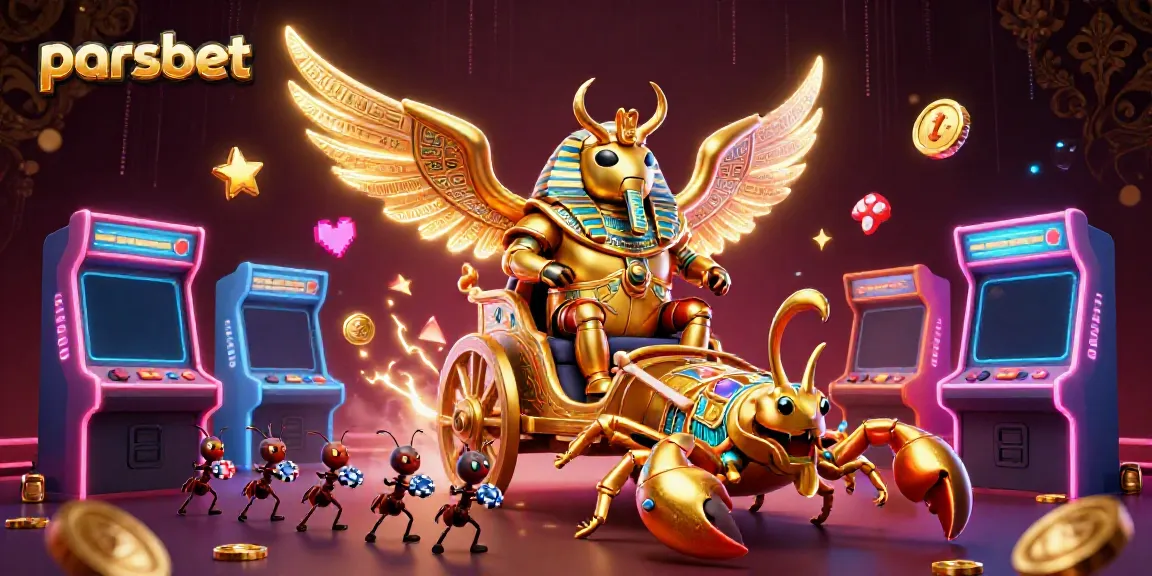 Parsbet ile 3D altın scarab böceği, oyun makineleri ve renkli bileşenlerle dolu işlek bir sahne.
