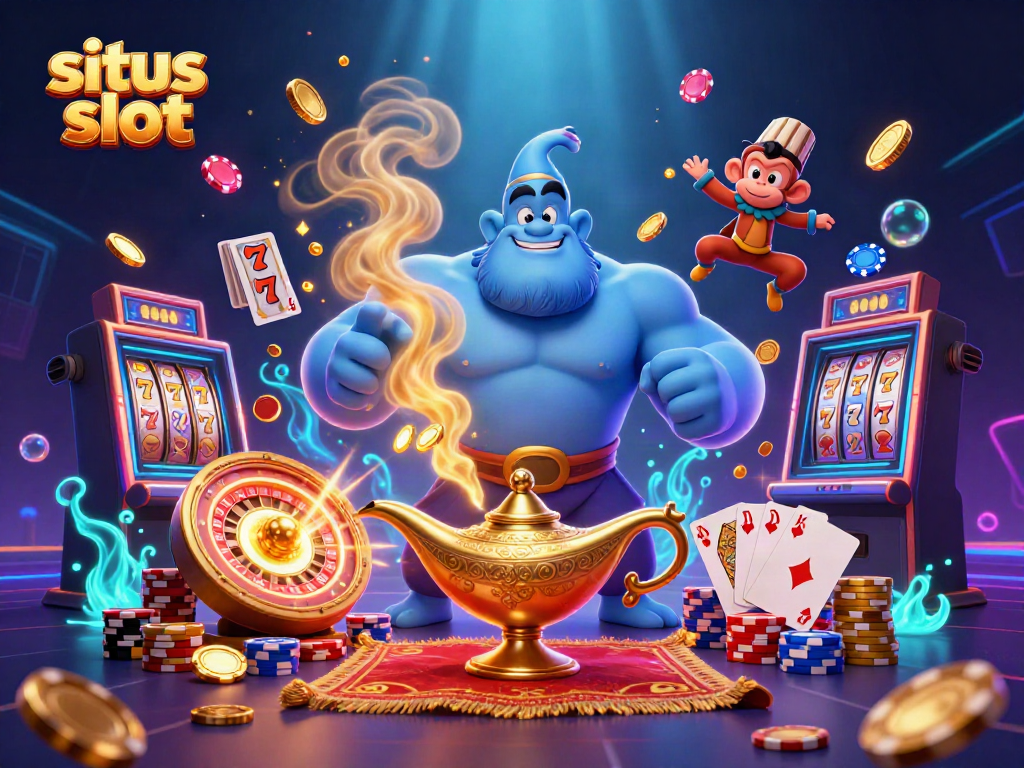 Experience the thrill of situs slot with a dynamic scene of a genie, monkey, and poker chips.