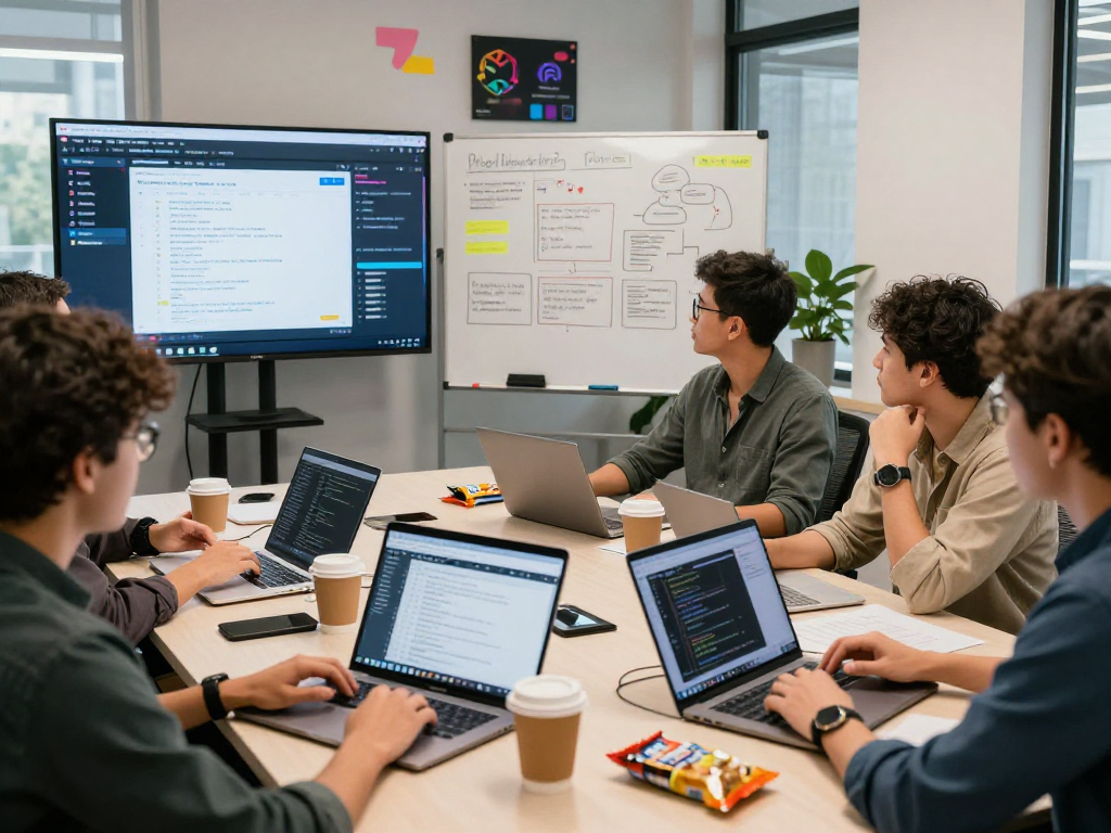 Dynamic software development agency team collaborating on innovative projects in a modern workspace