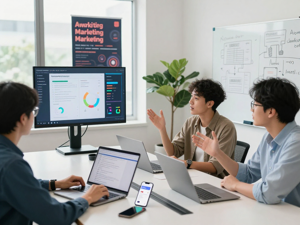 Buy app installs strategy session with professionals reviewing app growth analytics in a modern office environment.