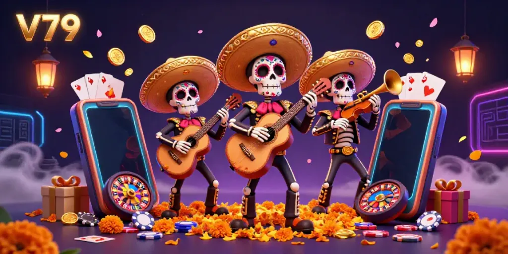 V79 skeleton mariachi band engaging with energetic casino elements for dynamic gaming experience.